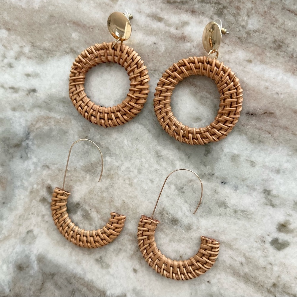 Set of 2 Rattan Woven Earrings - Spring / Summer / Beach / Vacation - Picture 2 of 7